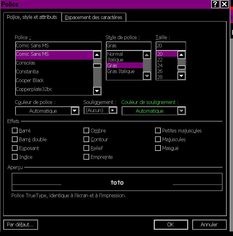 Panel of Font Properties